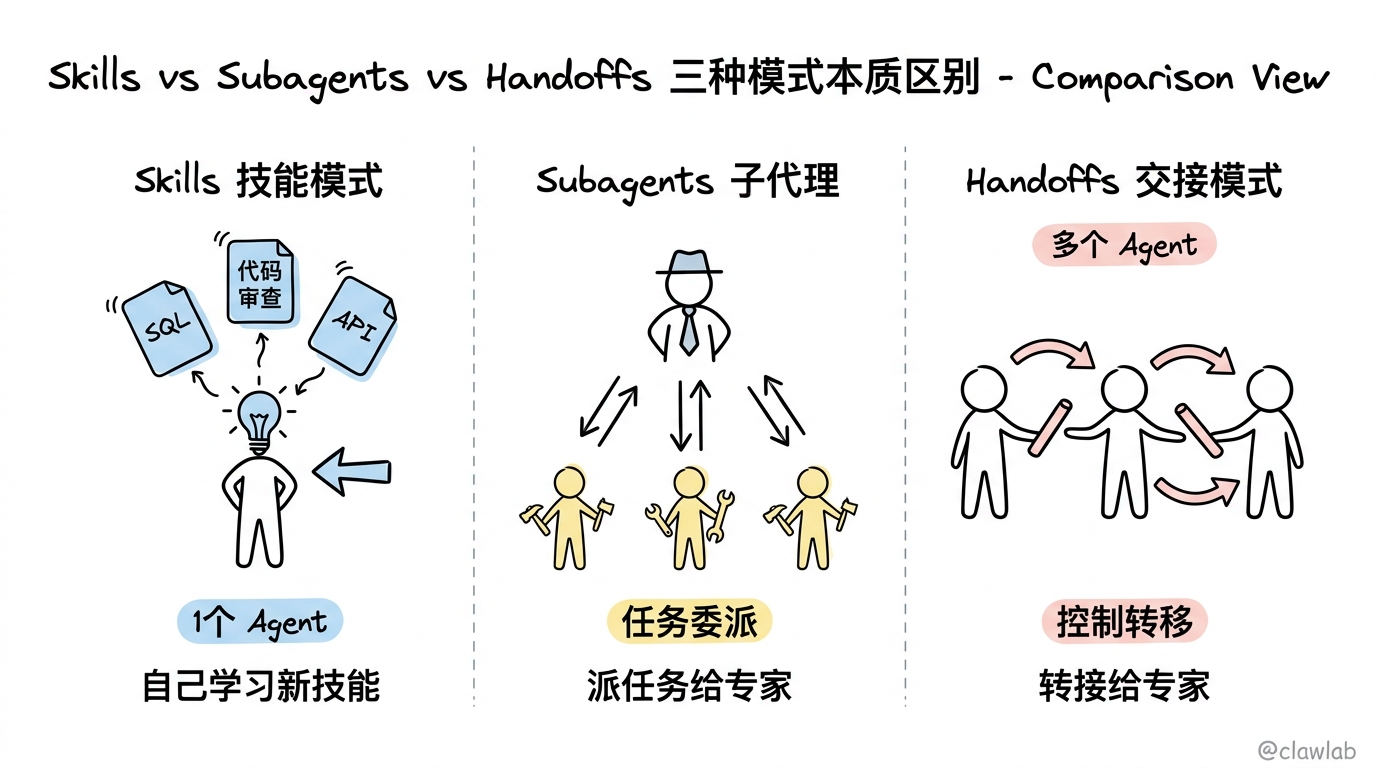 Skills、Subagents、Handoffs 三种模式的本质区别